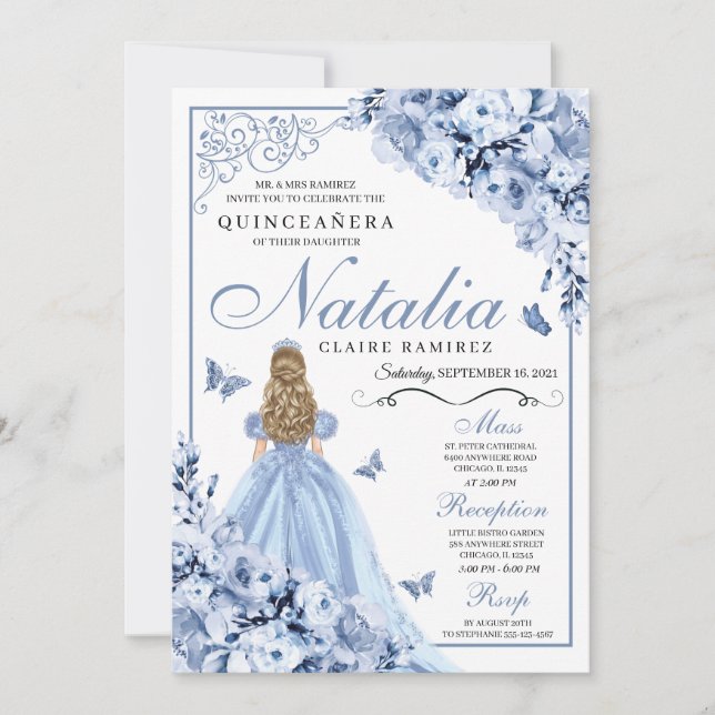 Dusty Blue Floral Quinceanera Birthday Invitation (Front)
