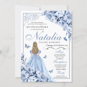 Dusty Blue Floral Quinceanera Birthday Invitation