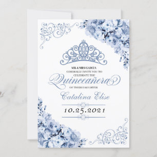 Dusty Blue Floral Quinceanera Birthday Invitation