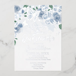 Dusty Blue Floral Quinceanera Butterfly Silver