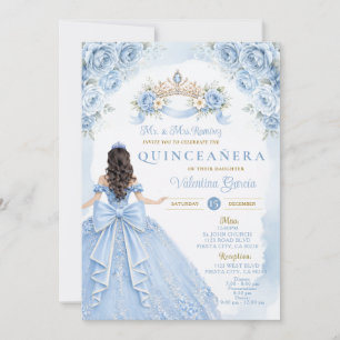 Dusty Blue Floral Quinceañera Crown Invitation