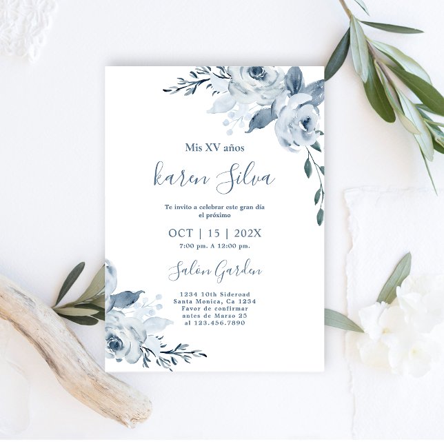 Dusty Blue Floral Quinceanera Invitation (Creator Uploaded)