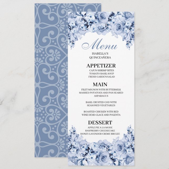Dusty Blue Floral Quinceanera Menu Invitation (Front/Back)