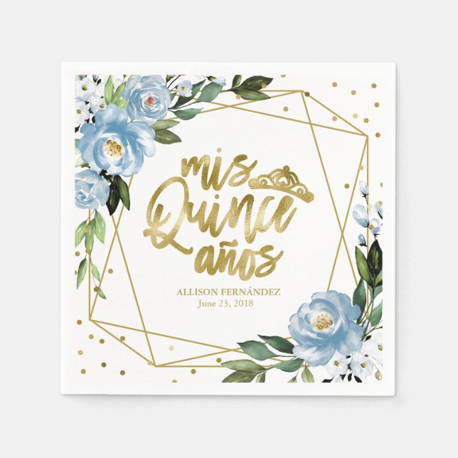 Dusty Blue Floral Quinceanera Napkin (Front)