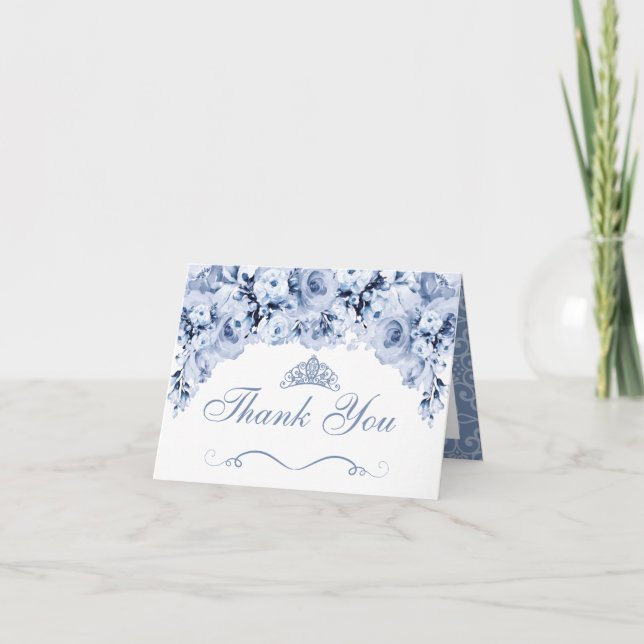 Dusty Blue Floral Quinceanera Thank You Invitation (Front)