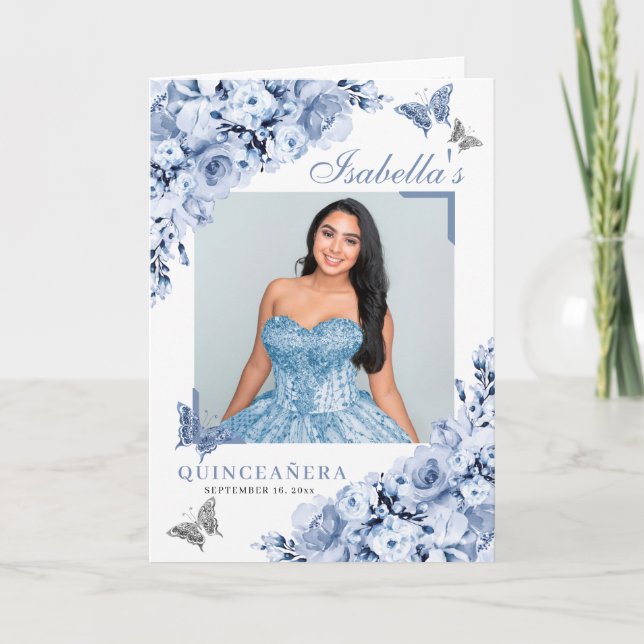 Dusty Blue Floral Quinceanera Tiara Butterflies Programme (Front)