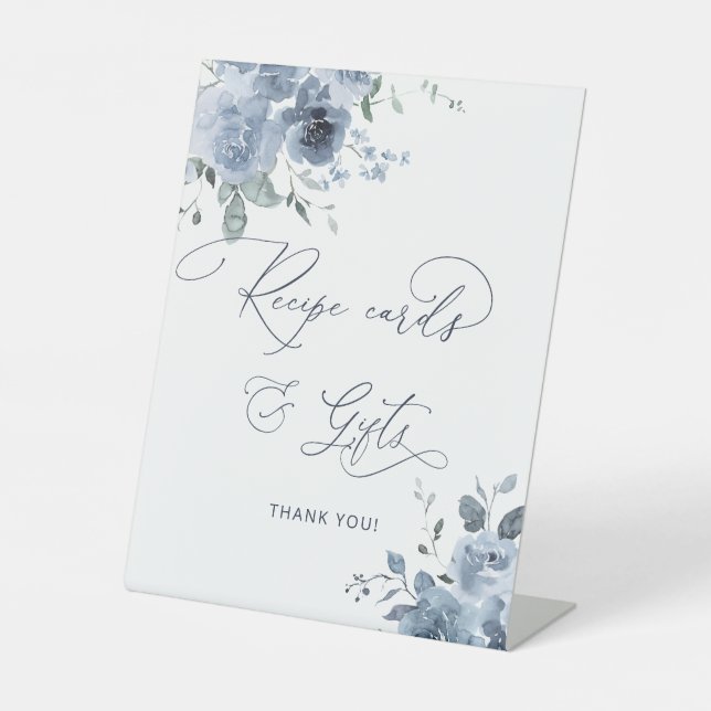 Dusty Blue Floral Recipe Cards and Gifts Pedestal Sign (Front)