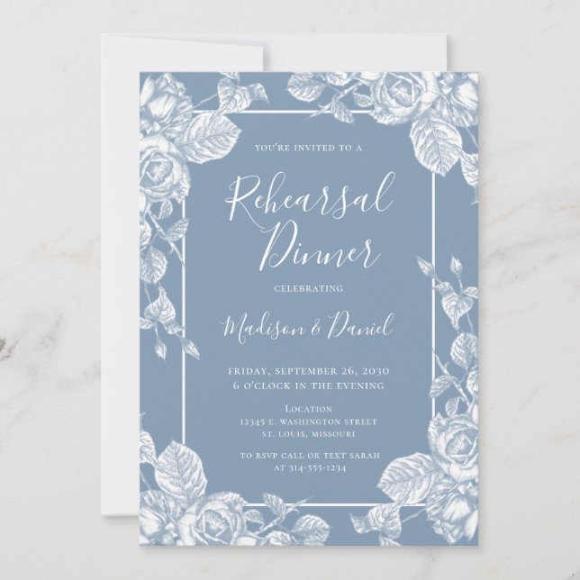 Dusty Blue Floral Rehearsal Dinner Invitation (Front)