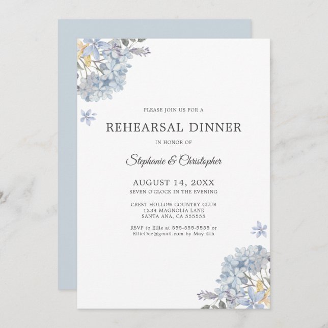Dusty Blue Floral Rehearsal Dinner Invitation (Front/Back)