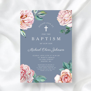 Dusty Blue Floral Religious Cross Boy Baptism Invitation