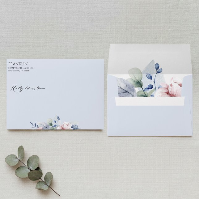 Dusty Blue Floral Return Address Wedding  Envelope (Dusty Blue Floral Return Address Wedding Envelope)