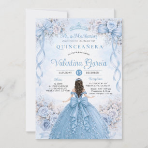 Dusty Blue Floral Ribbon Bow Quinceañera Birthday Invitation