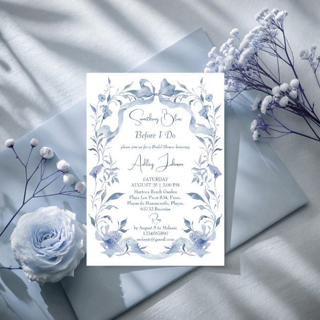 Dusty blue floral ribbon elegant bridal shower invitation (Something blue before I do Dusty blue botanical ribbon bow elegant bridal shower invitation template)