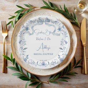 Dusty blue floral ribbon elegant bridal shower paper plate