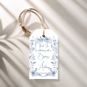 Dusty blue floral ribbon wedding favor gift tags