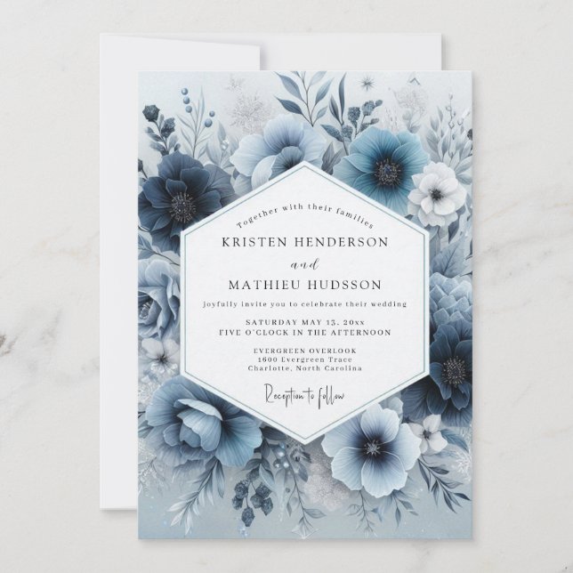 Dusty Blue Floral Romance Wedding Invitation (Front)