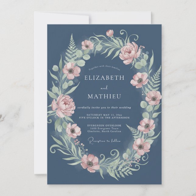 Dusty Blue Floral Romantic Laurel Wedding Invitation (Front)