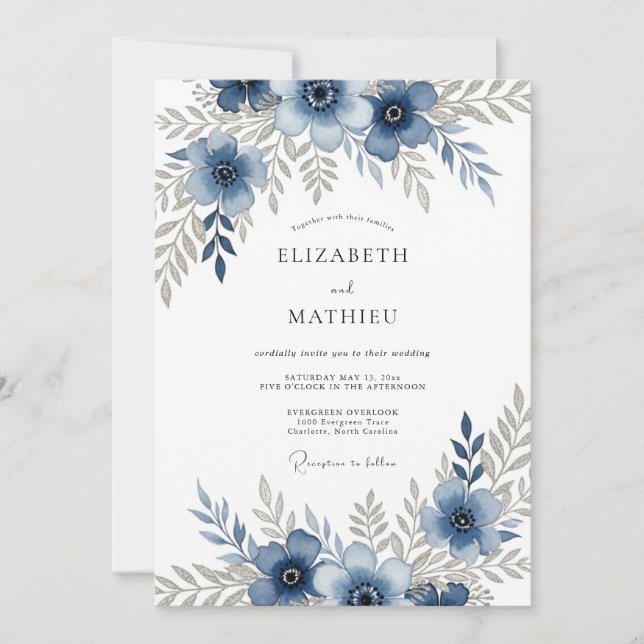 Dusty Blue Floral Romantic Wedding Invitation (Front)