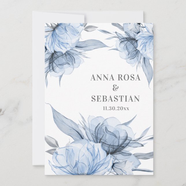 *~* Dusty Blue Floral Rose AR15 RSVP Wedding Invitation (Front)