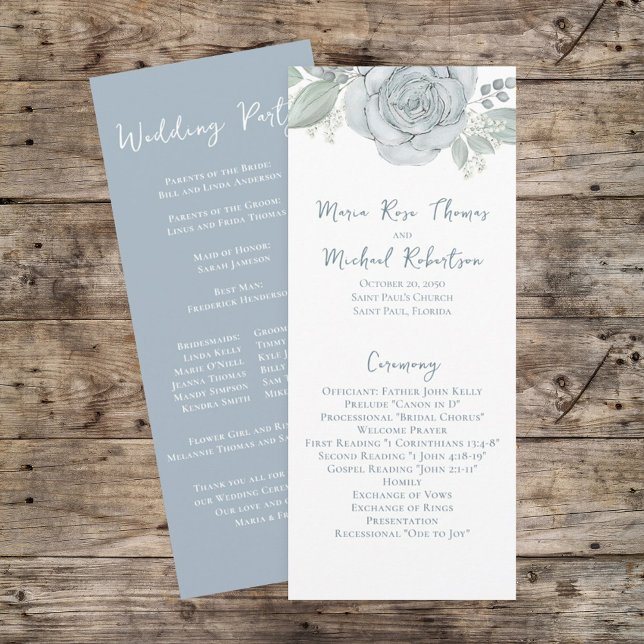 Dusty Blue Floral Rose Elegant Ceremony Program Programme (Creator Uploaded)