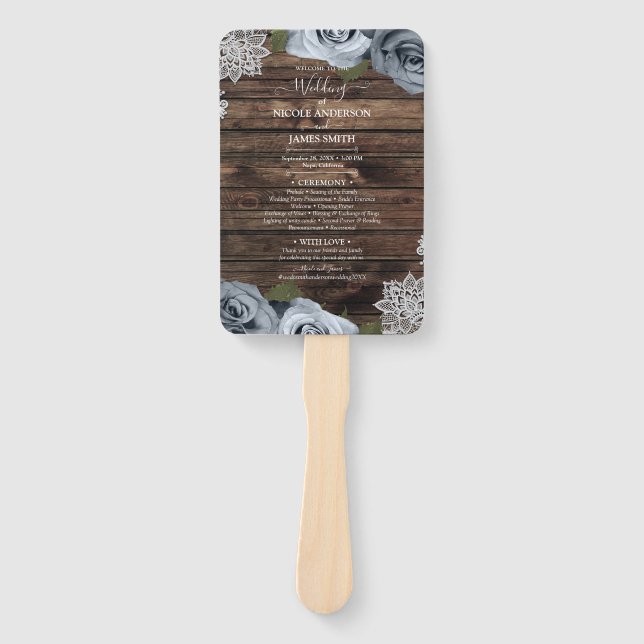 Dusty Blue Floral Roses Rustic Wood Lace Wedding  Hand Fan (Front)