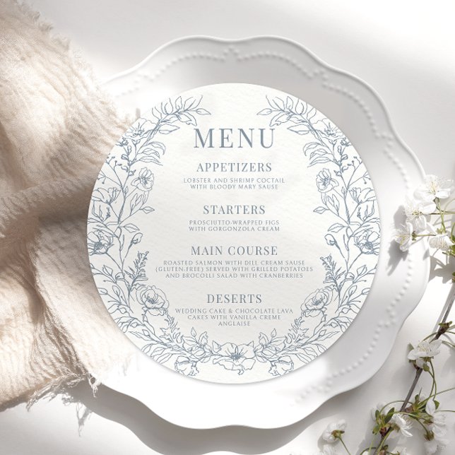Dusty blue floral round wedding Menu Card Plate (Creator Uploaded)