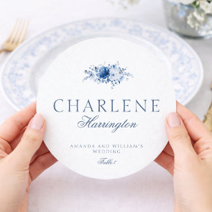 Dusty Blue Floral Round Wedding Menu & Place Card
