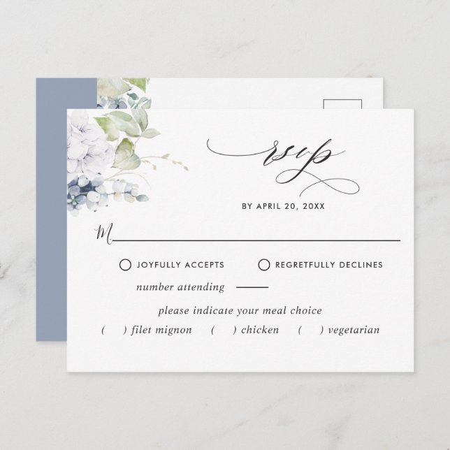 Dusty Blue Floral RSVP Postcard w/without Meals (Front/Back)