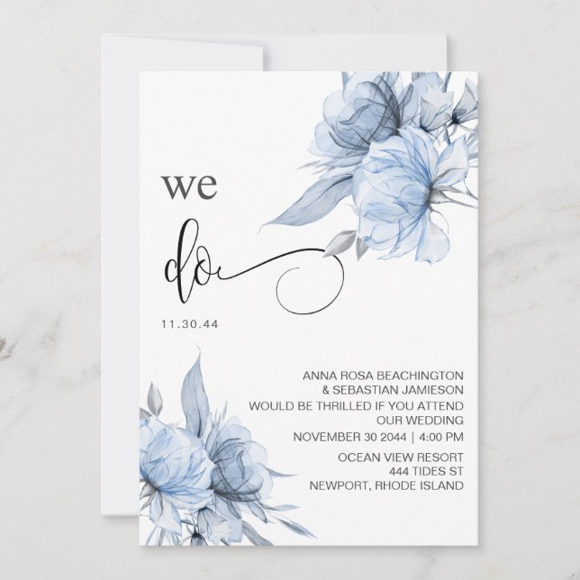 *~* Dusty Blue Floral RSVP - QR  AR15 Rose WEDDING Invitation (Front)