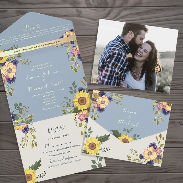 Dusty Blue Floral Rustic Sunflower Wedding All In One Invitation (Creator Uploaded)