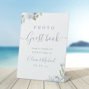 Dusty blue floral rustic Wedding Photo Guest Book Pedestal Sign