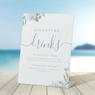 Dusty blue floral rustic Wedding Signature Drinks Pedestal Sign
