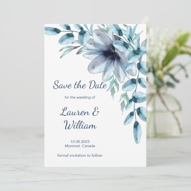 Dusty blue floral save the date (Standing Front)