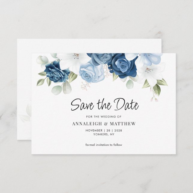 Dusty Blue Floral Save the Date Announcement (Front/Back)