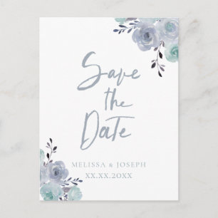 dusty blue floral save the date announcement postcard