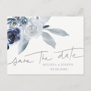 dusty blue floral   save the date announcement postcard