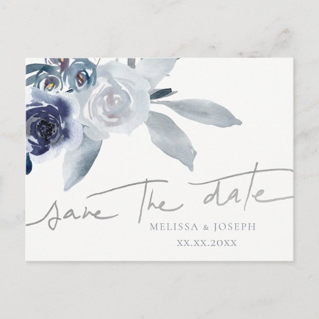dusty blue floral | save the date announcement postcard (Front)