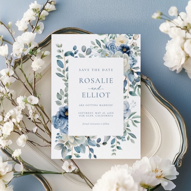 Dusty Blue Floral Save The Date Boho Save The Date Invitation (Creator Uploaded)