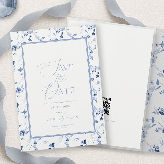 Dusty Blue Floral Save the Date Card (Creator Uploaded)
