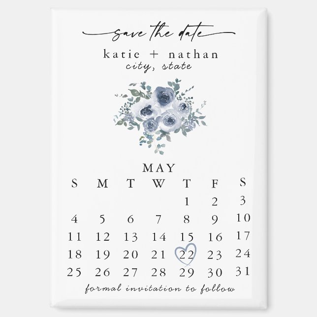 Dusty Blue Floral Save the Date Magnet (Front)
