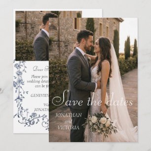 Dusty Blue Floral Save the Date Photo Wedding Card