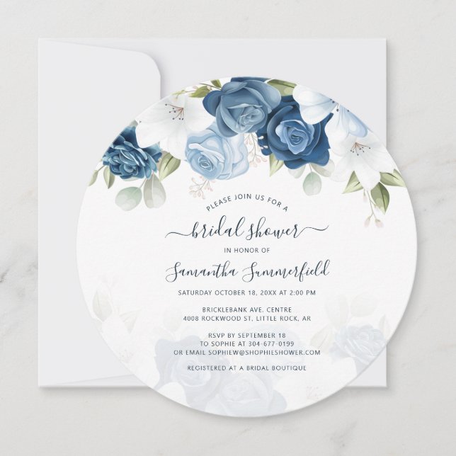 Dusty Blue Floral Script Bridal Shower Invitation (Front)