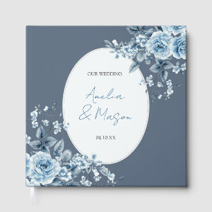 Dusty Blue Floral Script Elegant Wedding  Guest Book