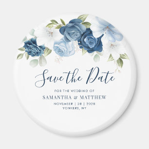 Dusty Blue Floral Script Keepsake Save the Date Magnet