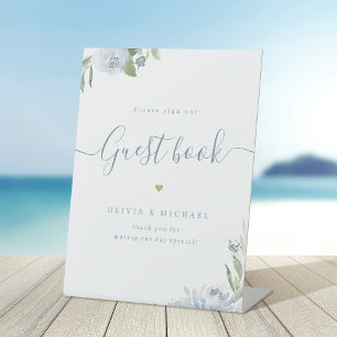 Dusty blue floral script rustic Wedding Guest Book Pedestal Sign