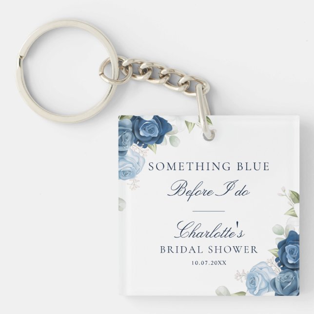 Dusty Blue Floral Script Watercolor Keepsake Key Ring (Front)