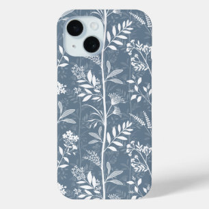 Dusty Blue Floral Silhouette Garden iPhone 15 Case