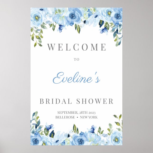 Dusty blue floral silver bridal shower welcome poster (Front)