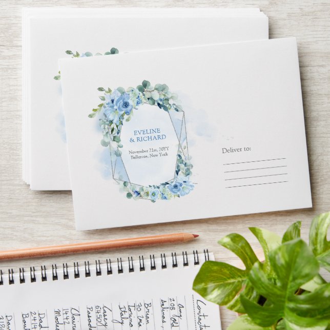 Dusty Blue Floral Silver Geometric Frame wedding Envelope (Stacked)