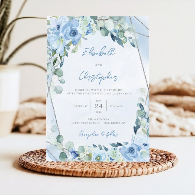 Dusty Blue Floral Silver Geometric Frame Wedding Invitation (Winter blue flowers mixed eucalyptus greenery and silver glitter frame wedding invitation)